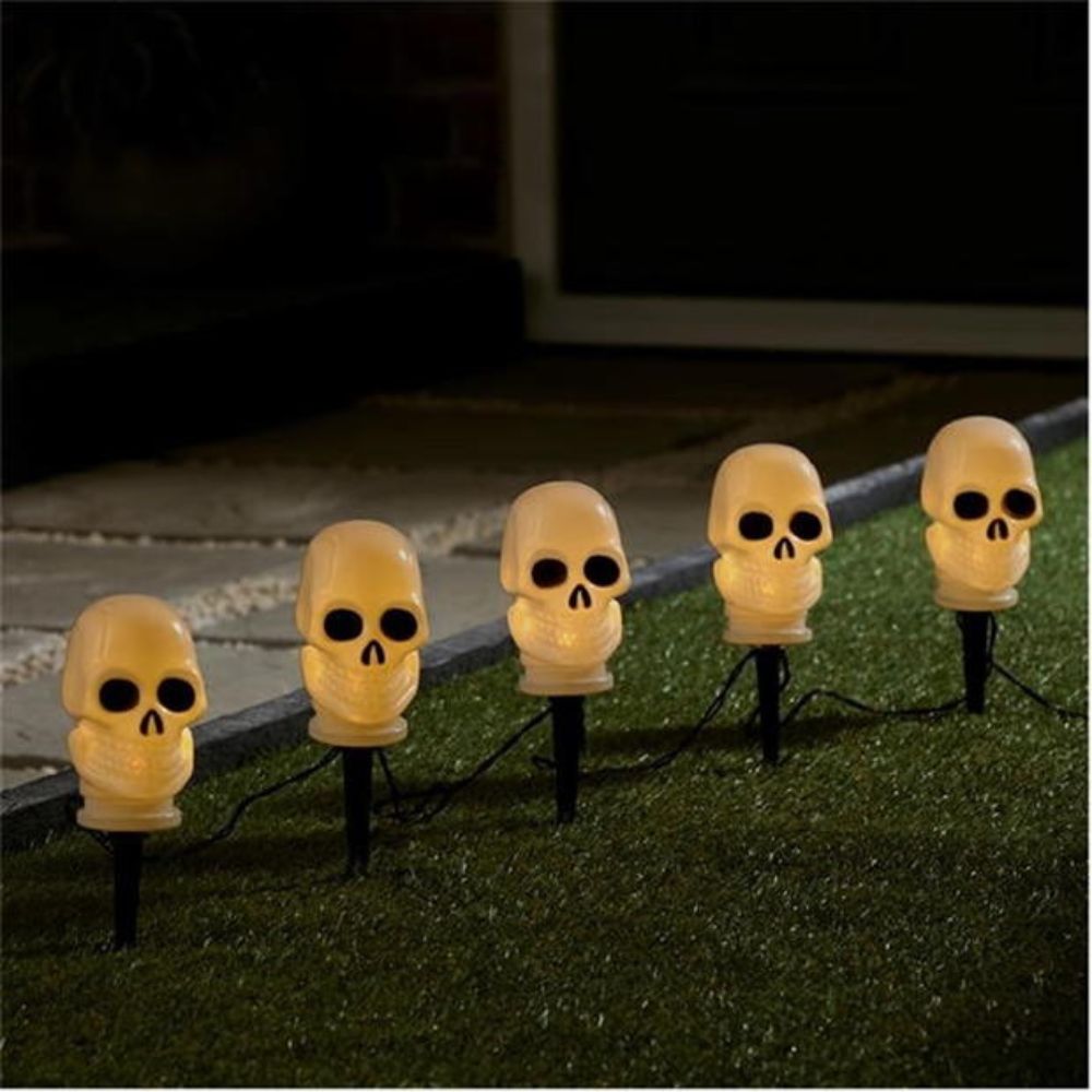Set of 5 Halloween Skull LED Garden Stake Lights
