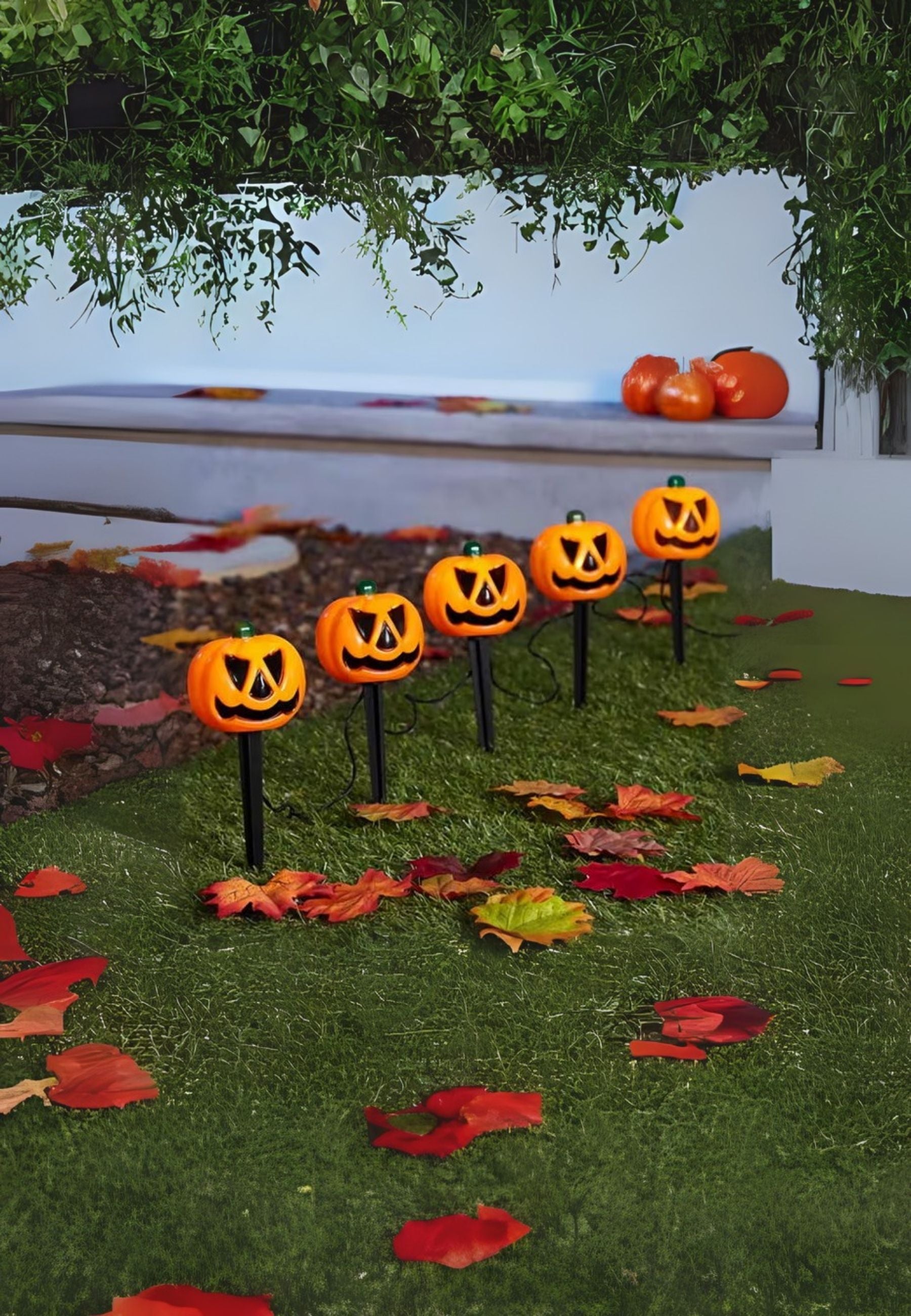 Set Of 5 Halloween Pumpkin Stake Lights