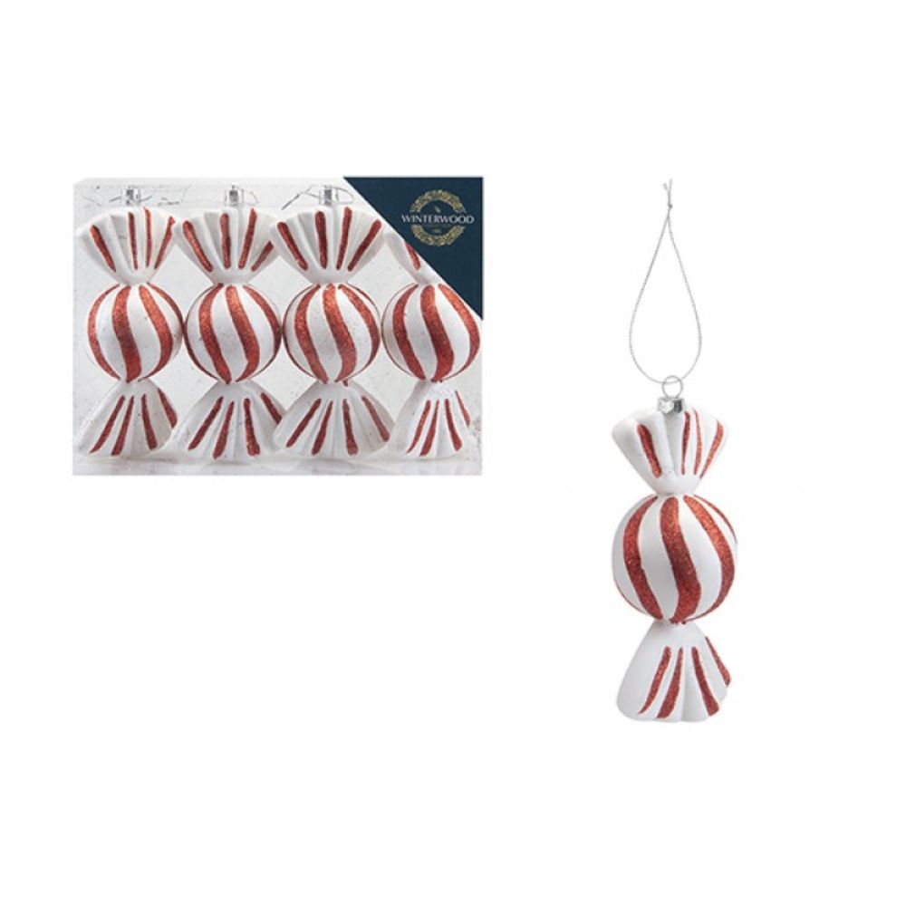Set Of 4 White Candy Sweet Stripe Baubles