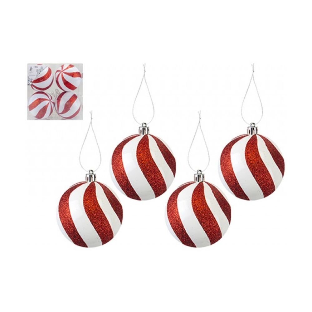 Set Of 4 Candy Cane Stripe Round Baubles