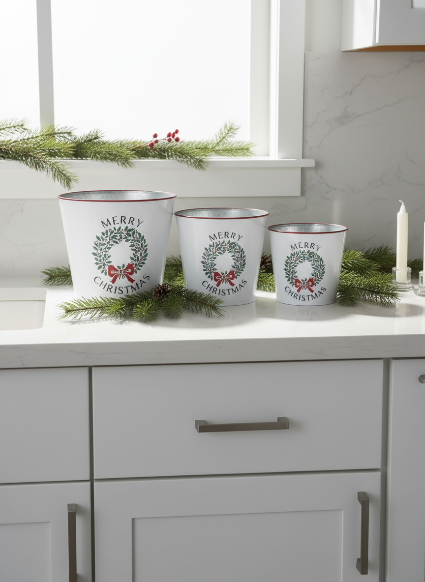 Set Of 3 Xmas Wreath Pot Planters