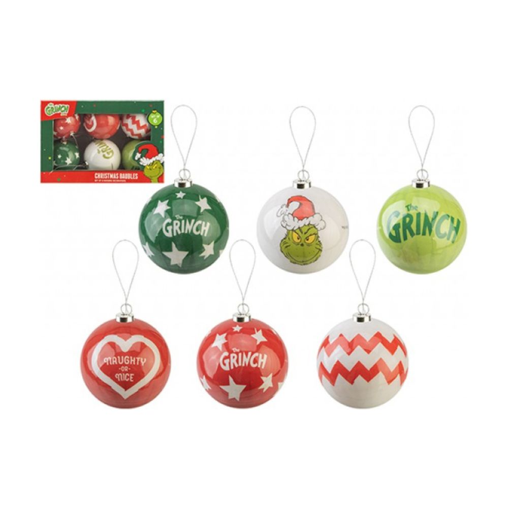 Set Of 6 Hanging Grinch Glossy Baubles