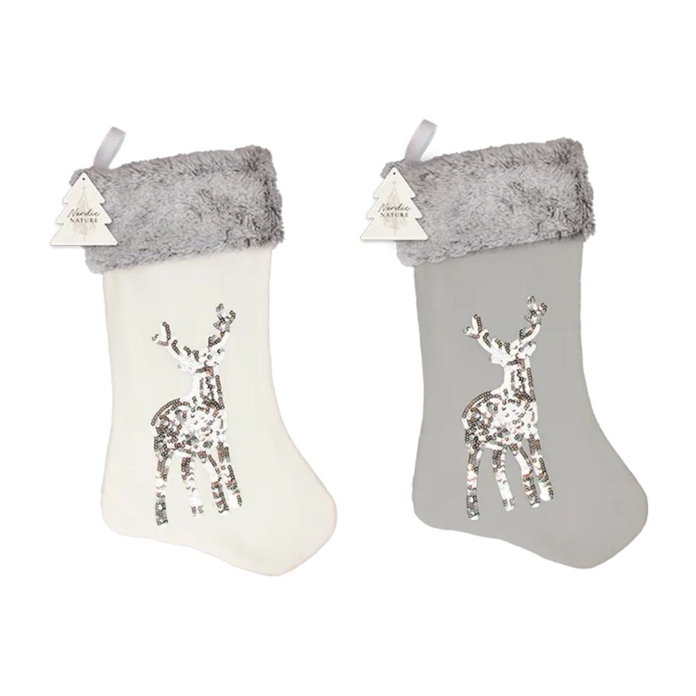 Set Of 2 Sequin Reindeer Faux Fur Stockings