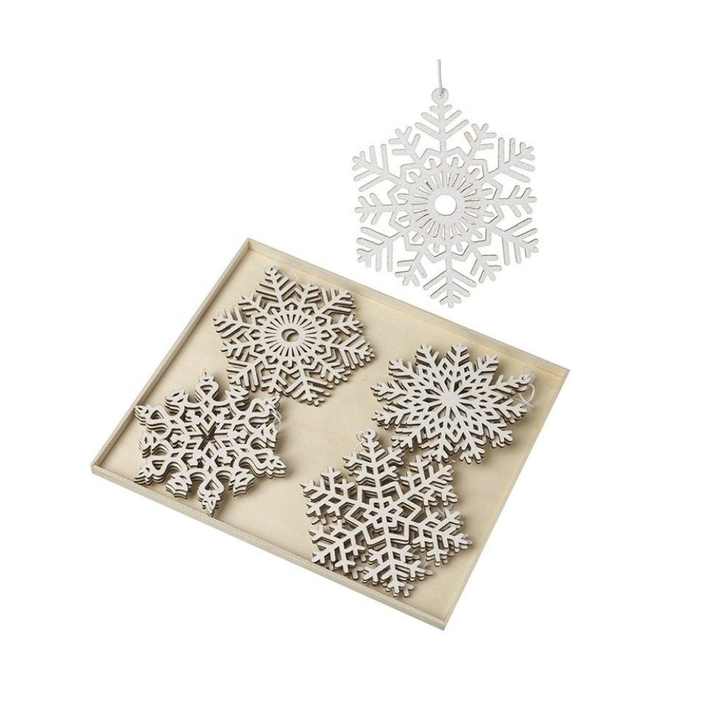 Set Of 12 Hanging Wooden Snowflakes