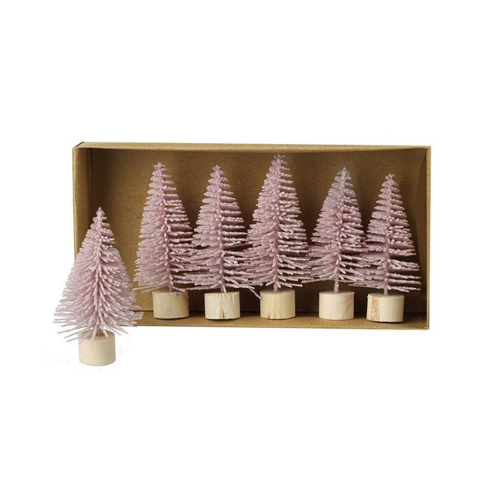 Set Of 6 Pink Wooden Fir Trees
