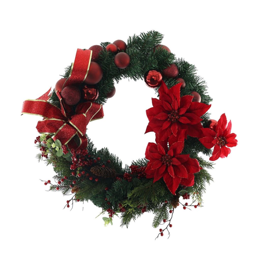 XL Poinsettia And Pine Christmas Wreath