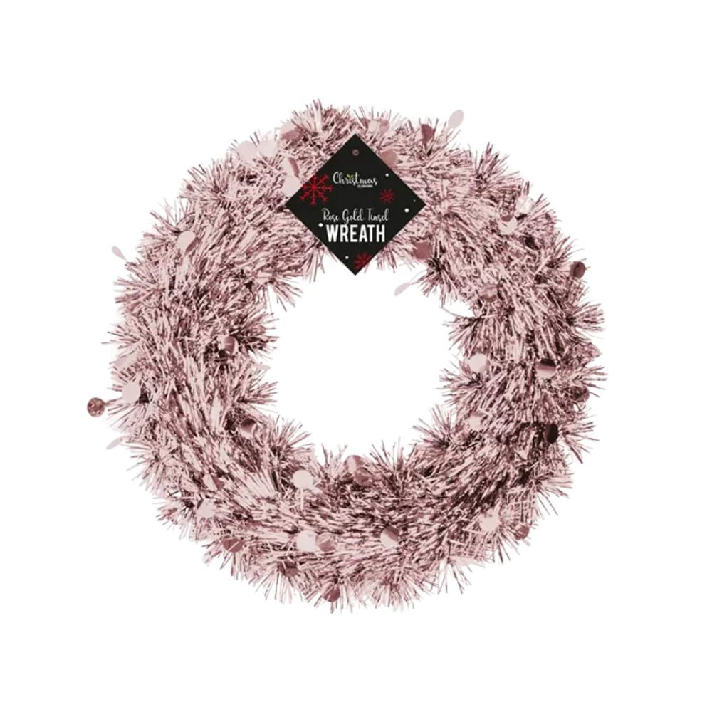 Rose Gold Tinsel Christmas Wreath