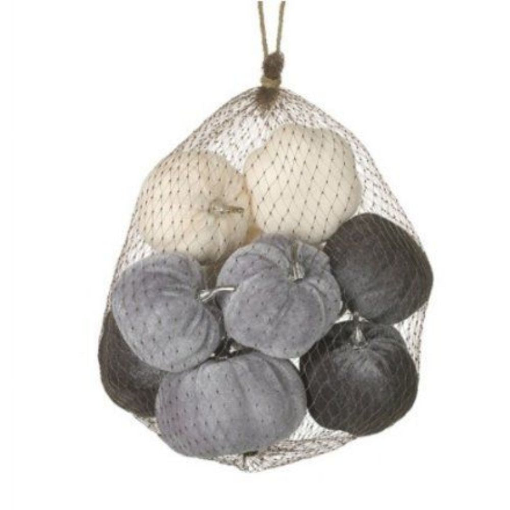Bag of Velvet Autumn Pumpkins - Grey & White Decor