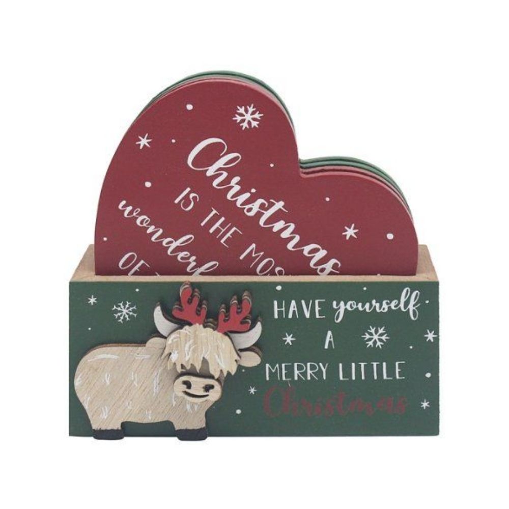 Highland Cow Xmas Heart Coaster Set
