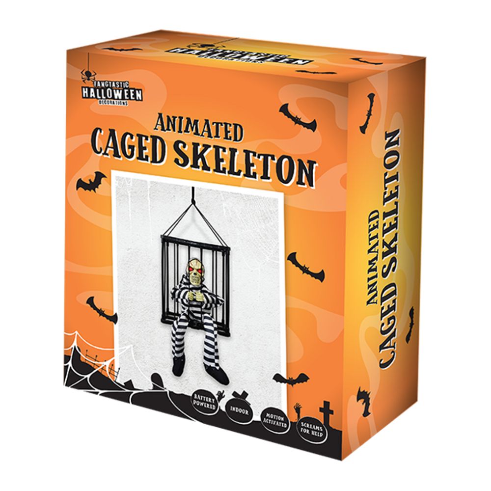 Animated Hanging Caged Skeleton Halloween Prop