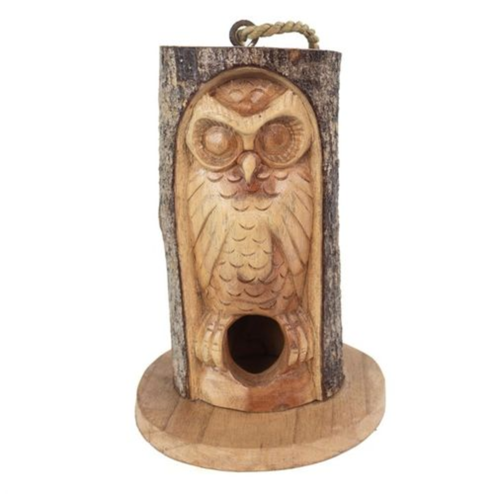 Owl Pine Wood Bird House - Handcarved Design