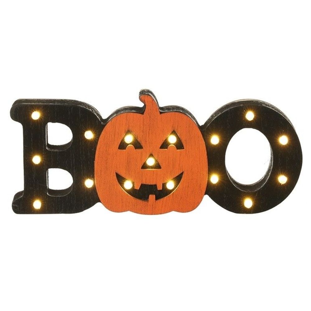 Wooden BOO LED Pumpkin Sign - Light Up Halloween Decor