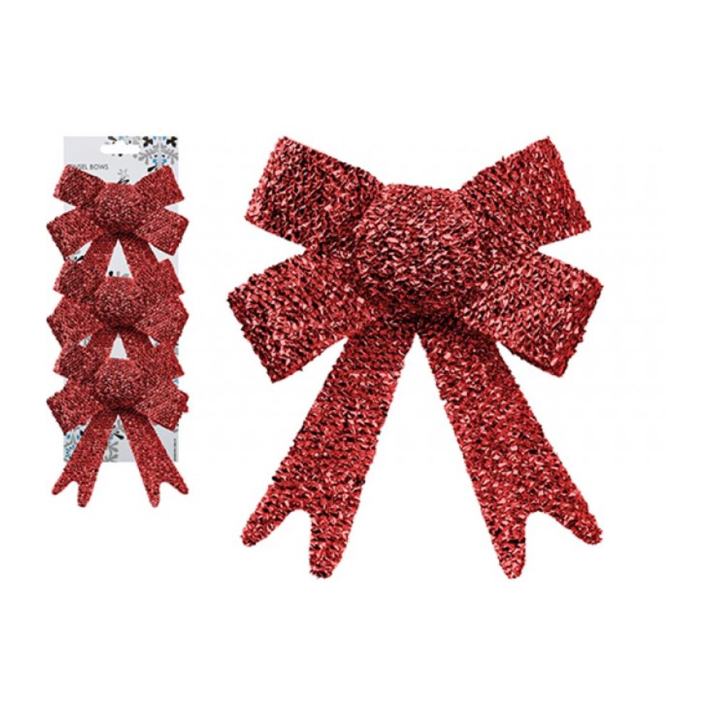 Set Of 3 Decorative Red Tinsel Bows