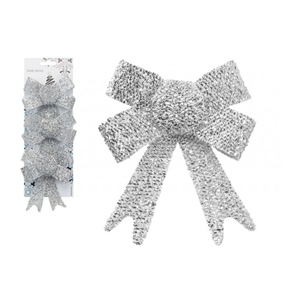 Set Of 3 Decorative Silver Tinsel Bows
