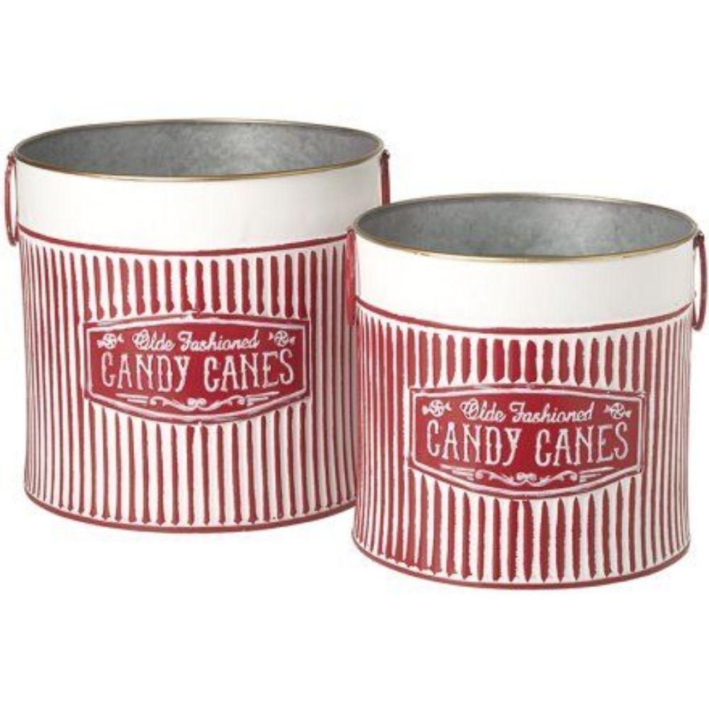 Set of 2 Candy Cane Metal Christmas Buckets - Festive Decor