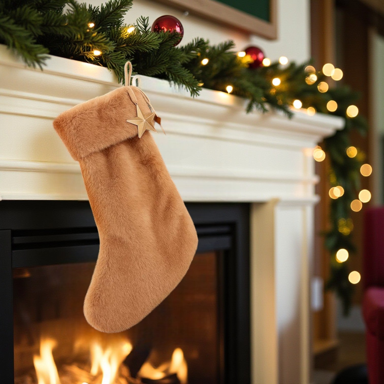 Grand Hanging Taupe Faux Fur Stocking