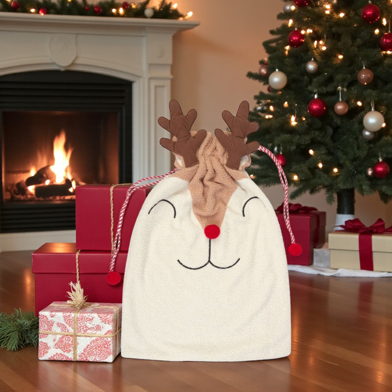 Festive Reindeer Pom Pom Christmas Sack