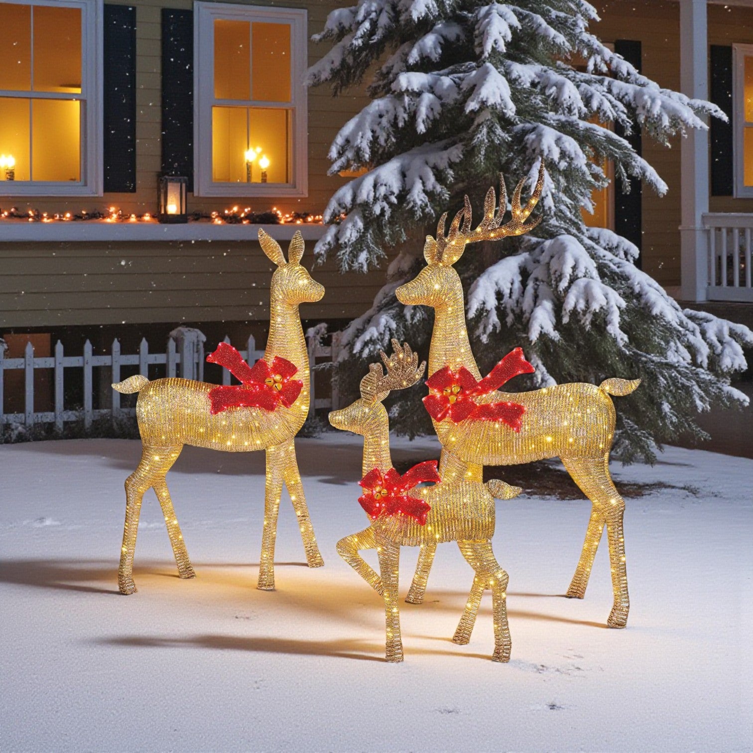 Set Of 3 LED Bow Christmas Deer Family
