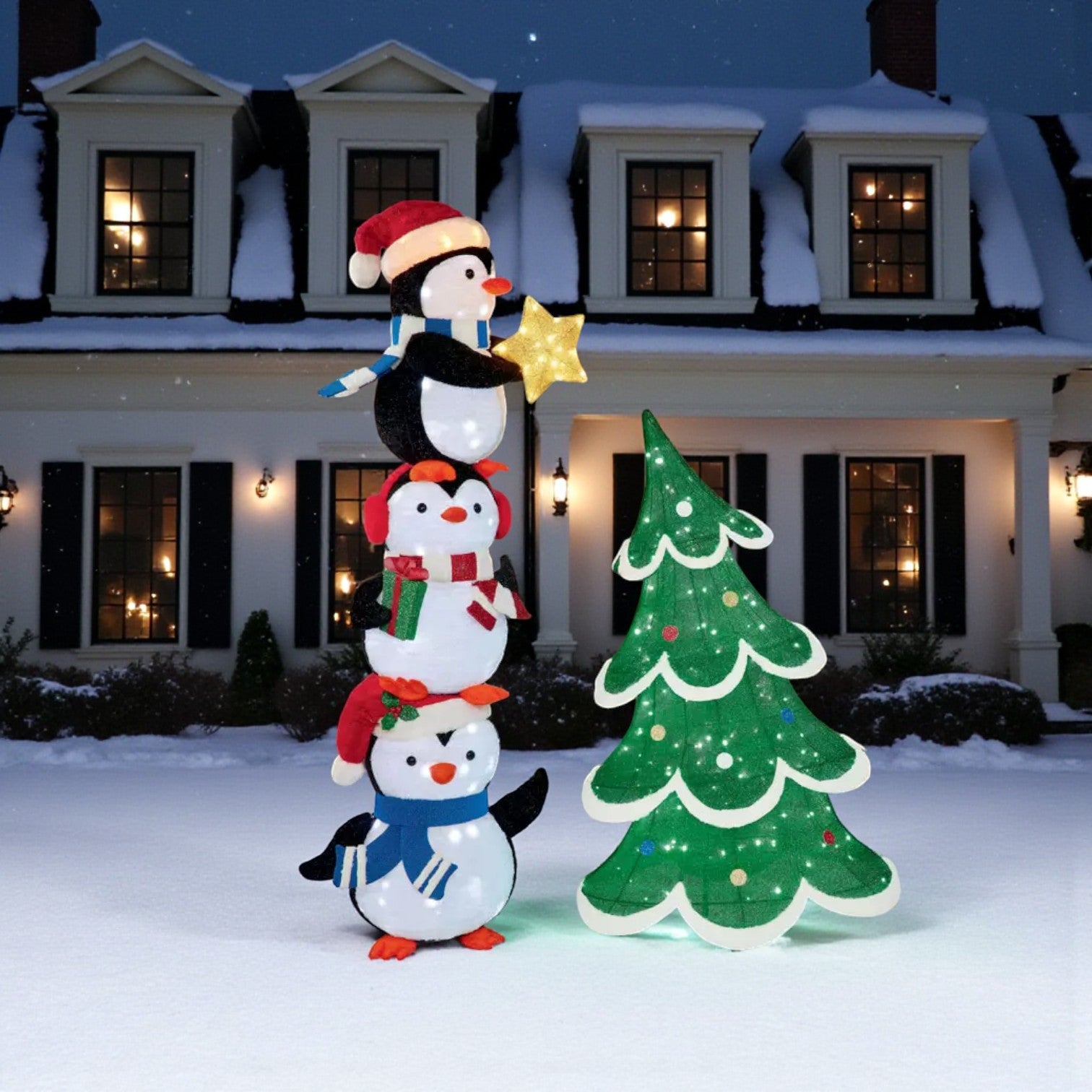 6ft Stacked LED Twinkle Penguin Trio Lights