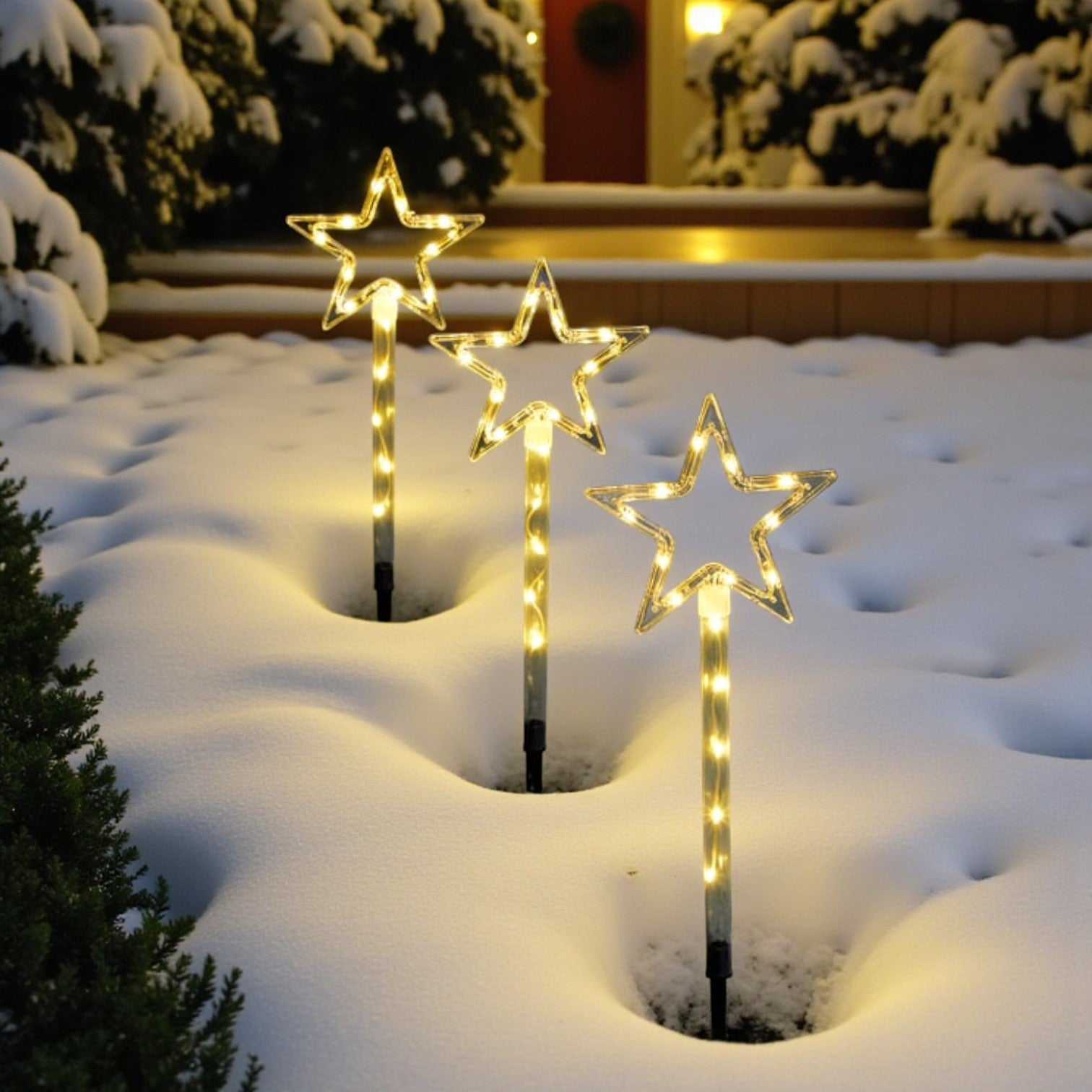 Set Of 3 Warm White Light Up Star Stake Lights