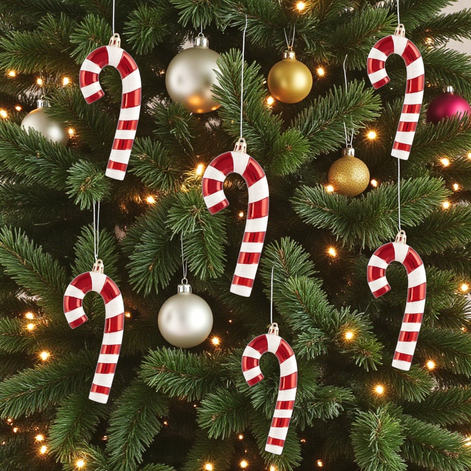 Set Of 6 Hanging Candy Cane Decorations