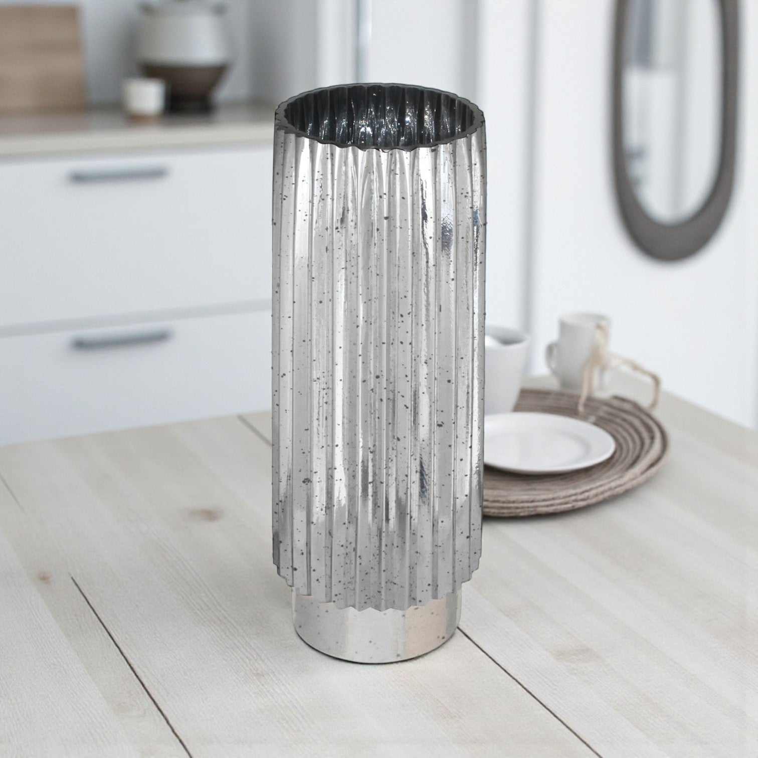 Mirrored Tonal Ribbed Cylinder Vase