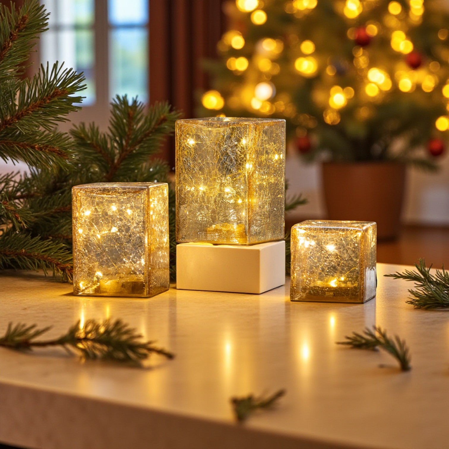 Set Of 3 LED Glass Cube Towers