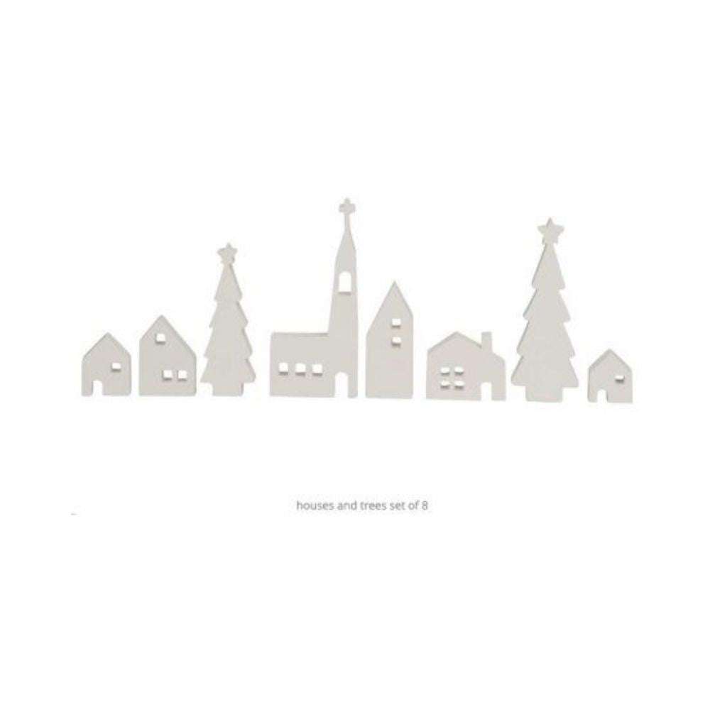 Wooden Christmas House And Trees Ornament Set