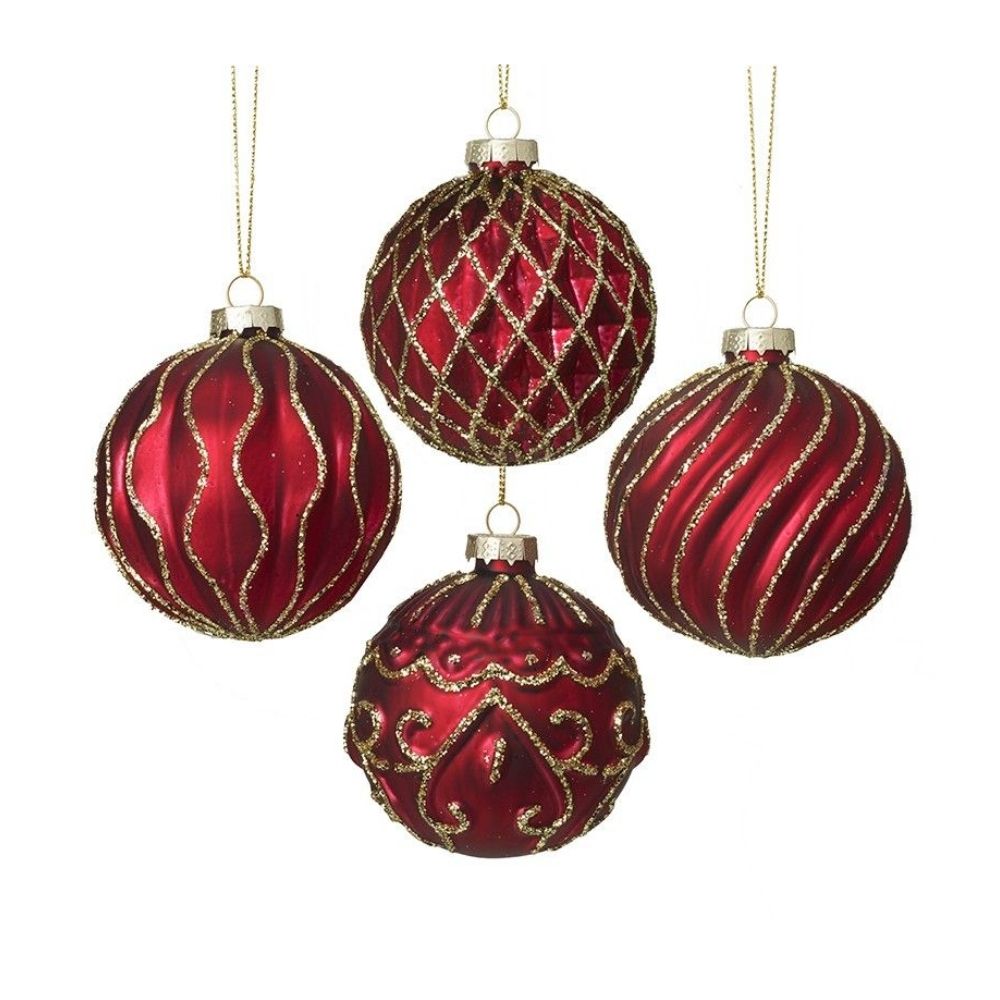 Set Of 4 Red Gold Shimmer Baubles