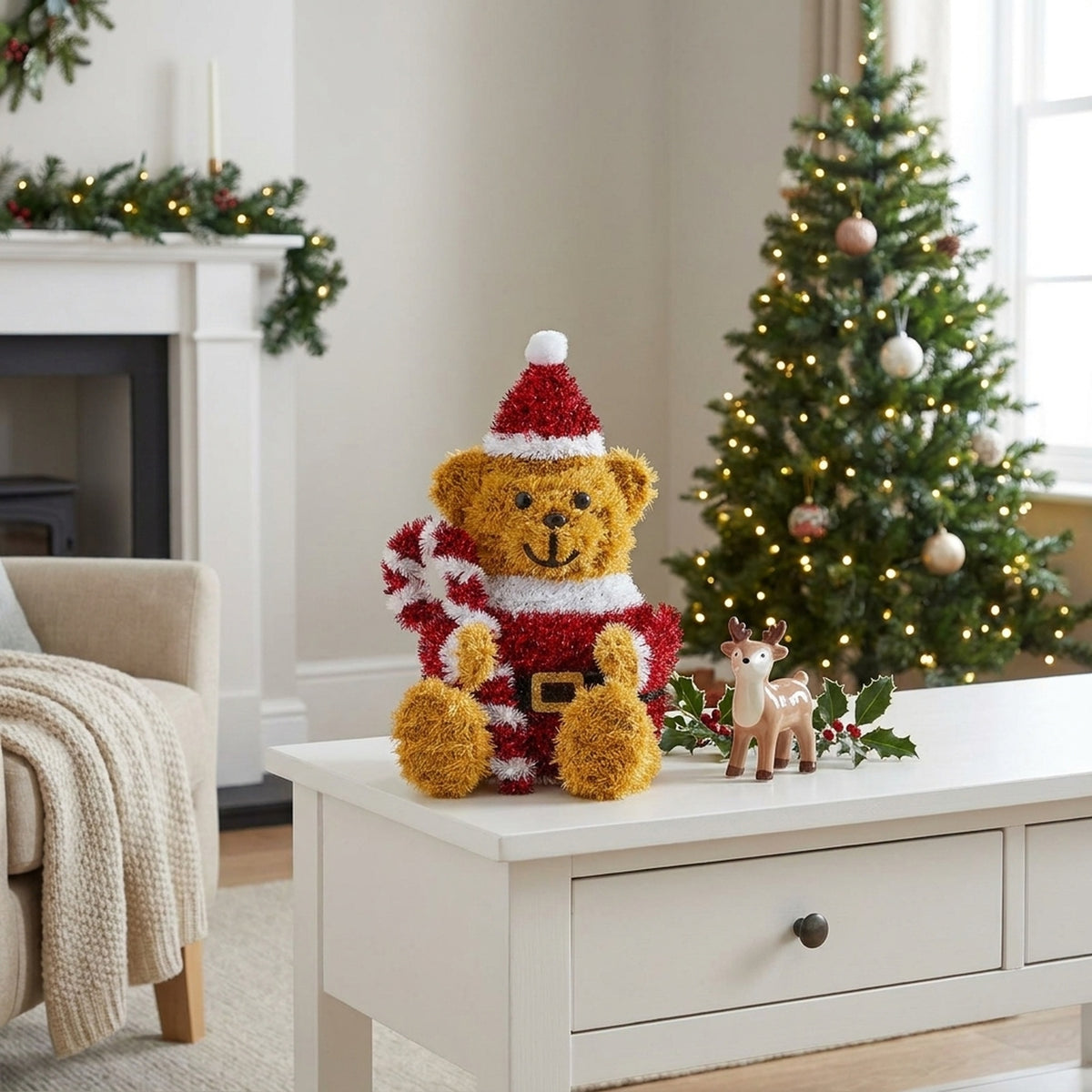 Sparkly Tinsel Santa Bear Festive Figure