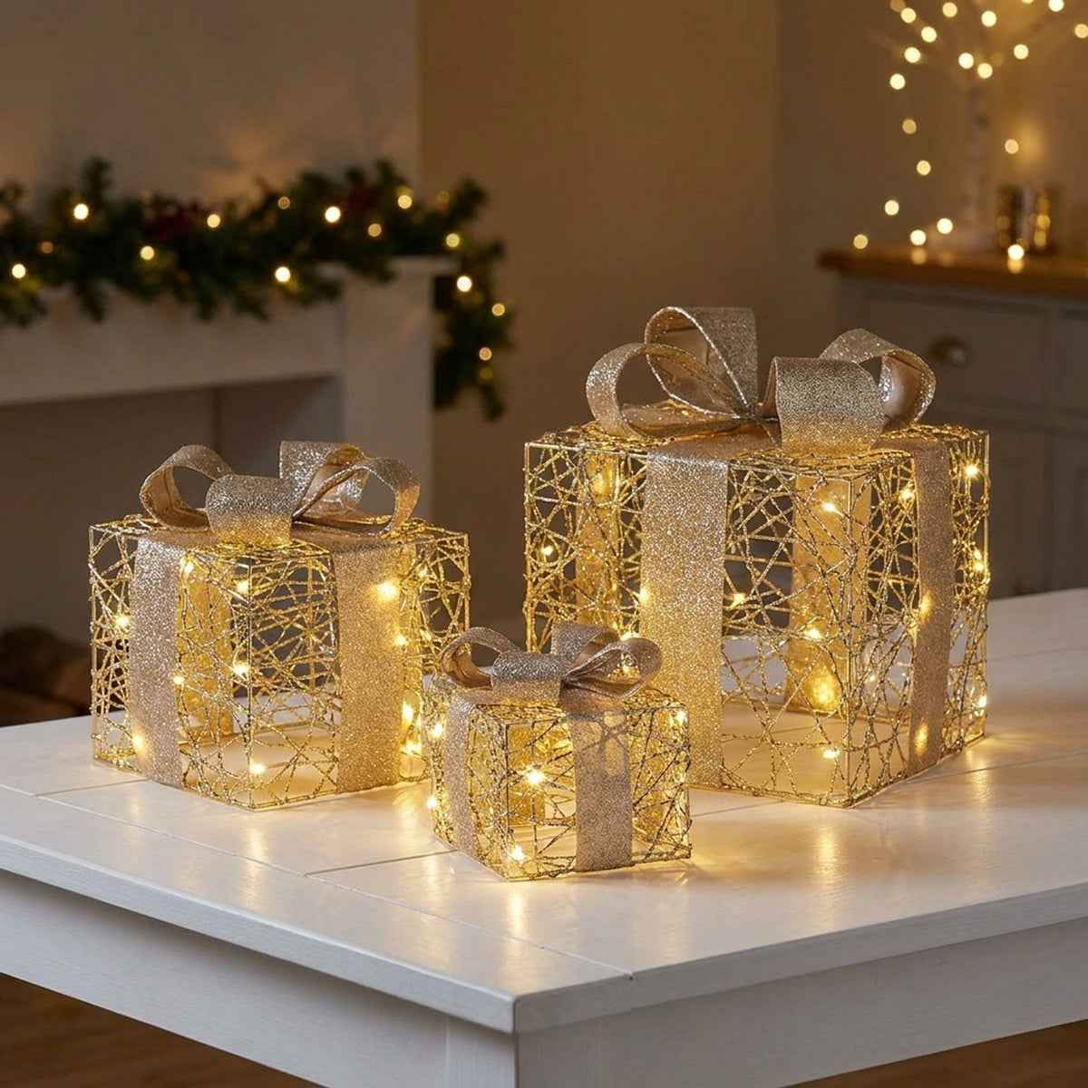 Gold Weave Faux LED Gift Boxes Set of Three