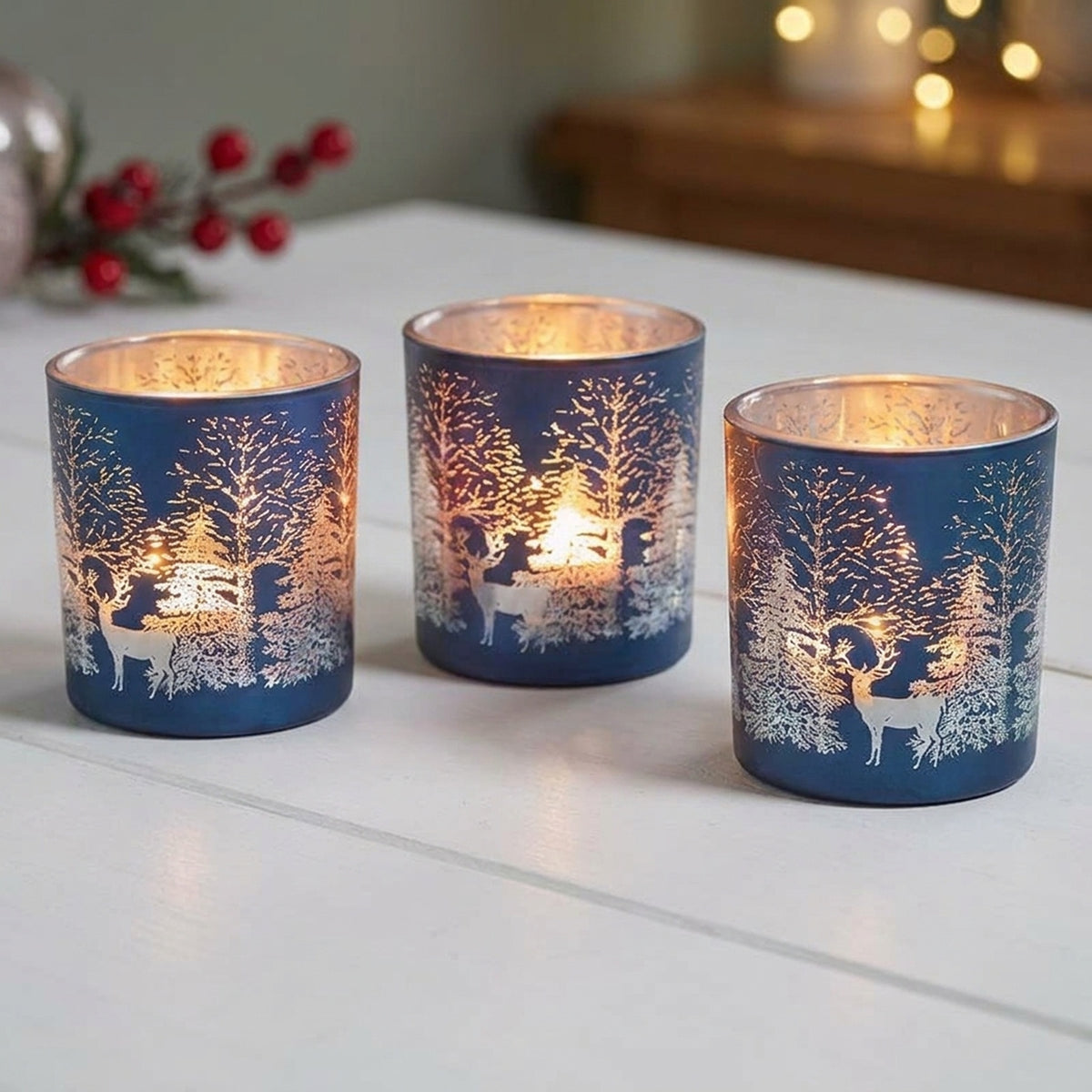 3 Pack Sapphire Wonderland Pattern Glass T-Light Holders