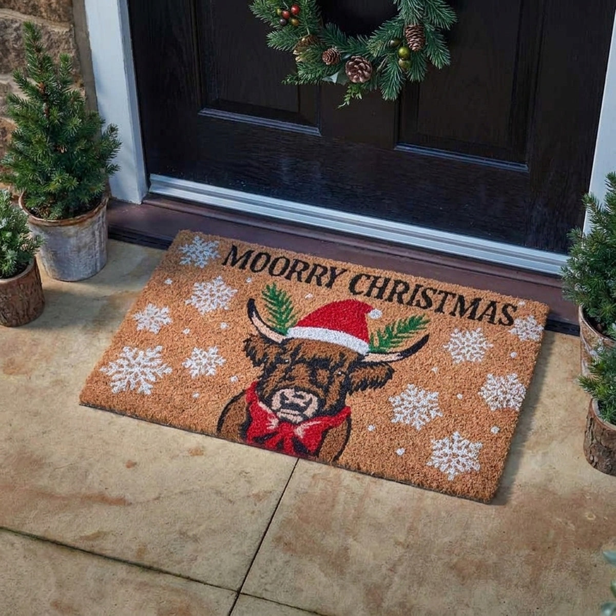 Festive Moorry Christmas Cow Coir Doormat