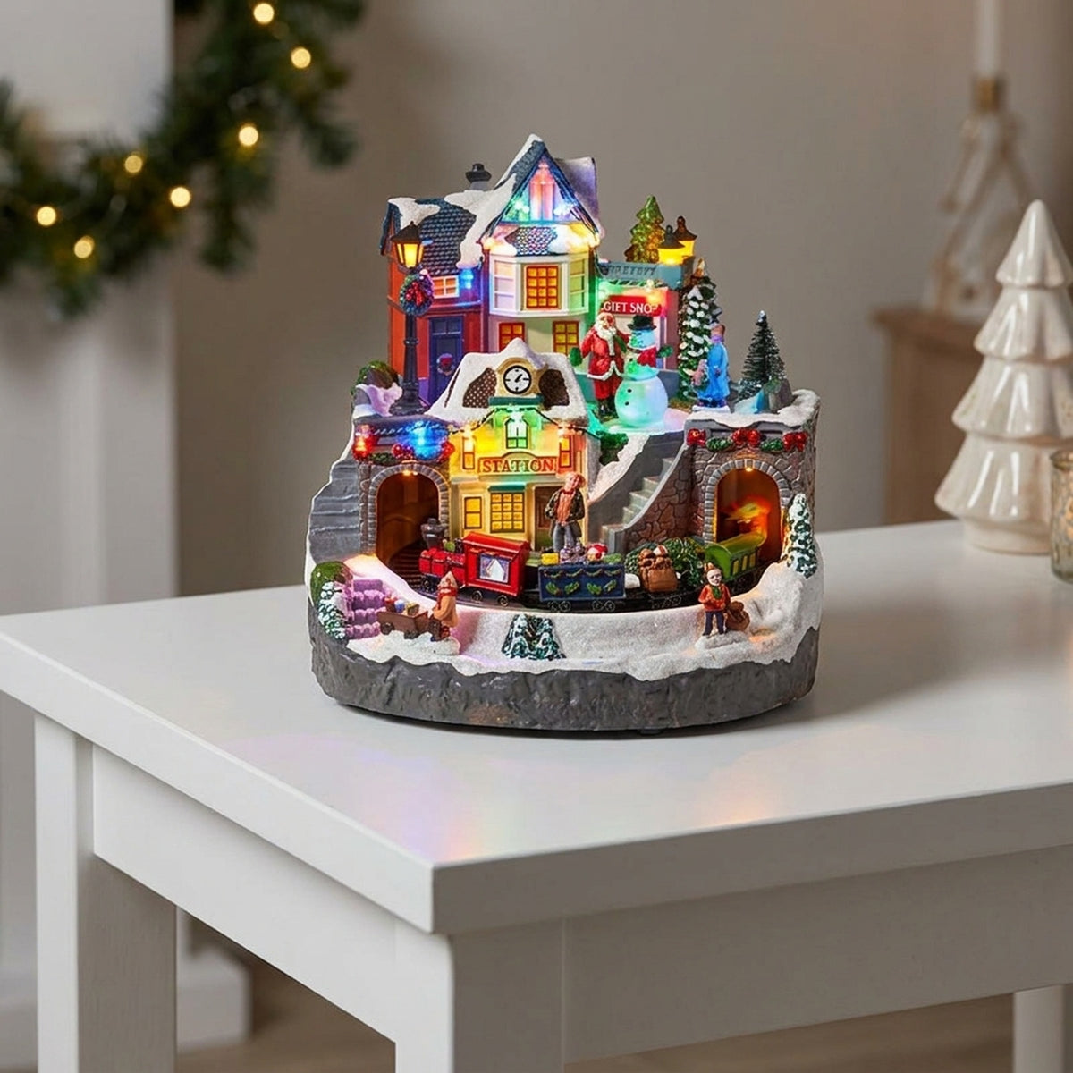 Animated Christmas Train Station Light Up Snow Scene
