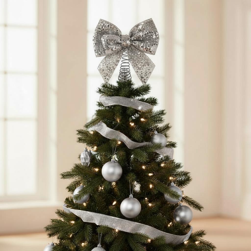 Large Silver Sequin Bow Tree Topper