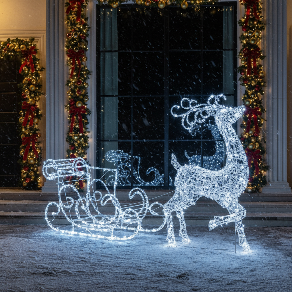 Illuminated Acrylic Reindeer And Sleigh Decoration