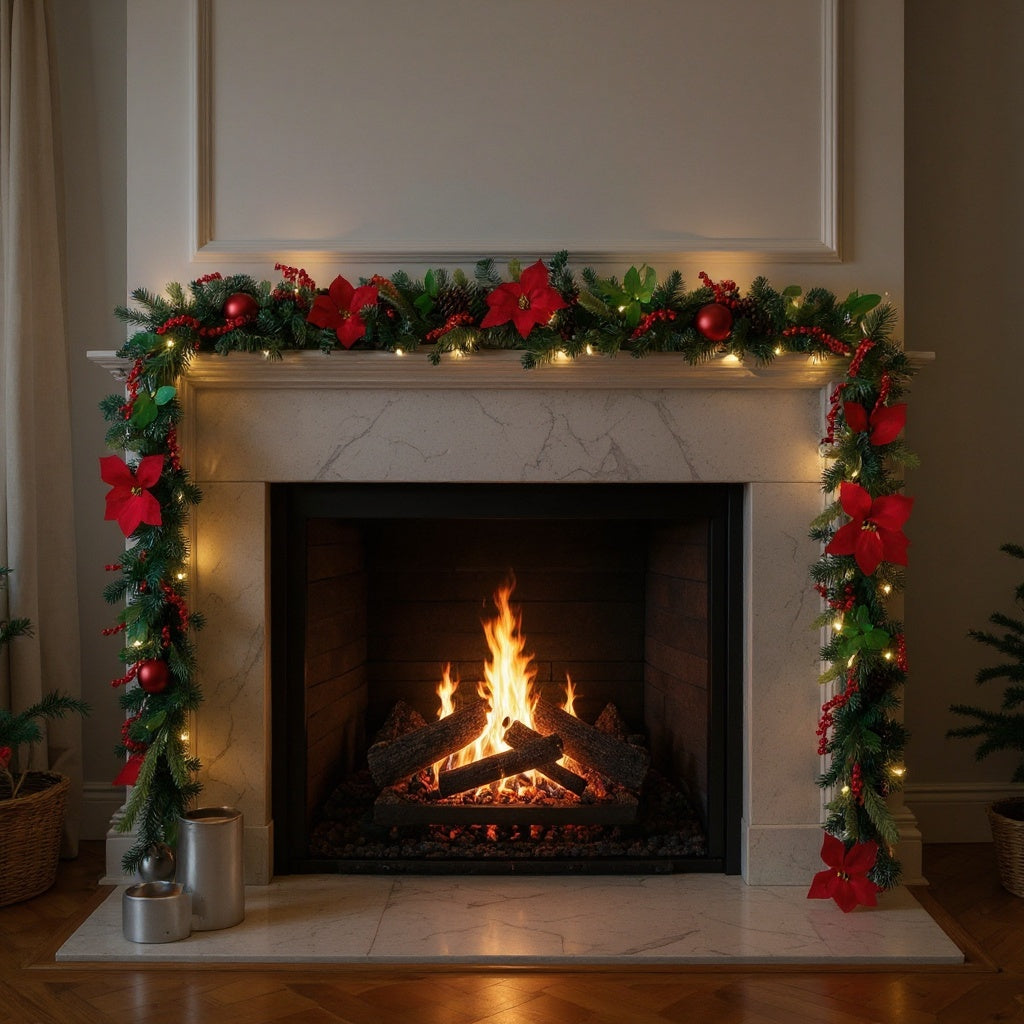 16ft Pre-Lit Grand Red Poinsettia Garland
