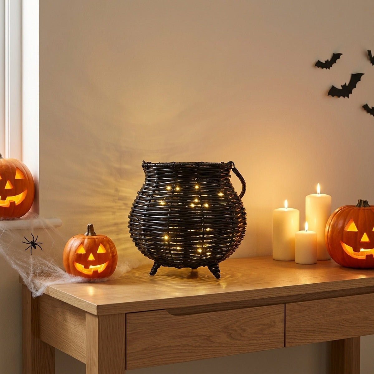 Wicker-Effect Light-Up Halloween Cauldron