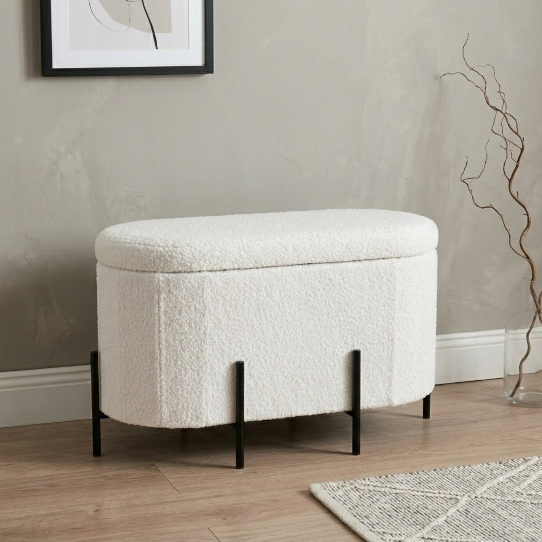 Boucle Blanc Curved Ottoman Storage