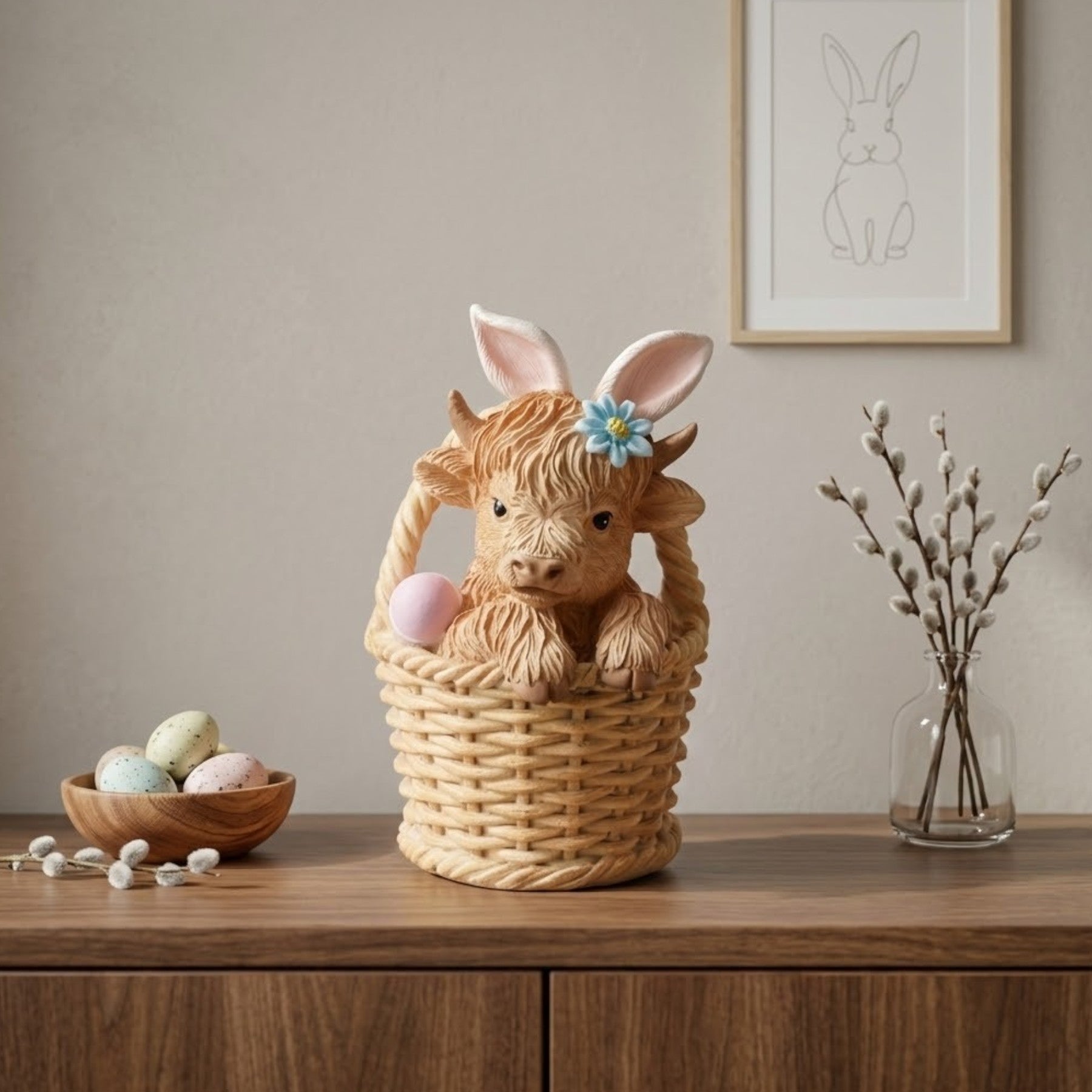 Springtime Highland Cow In Basket