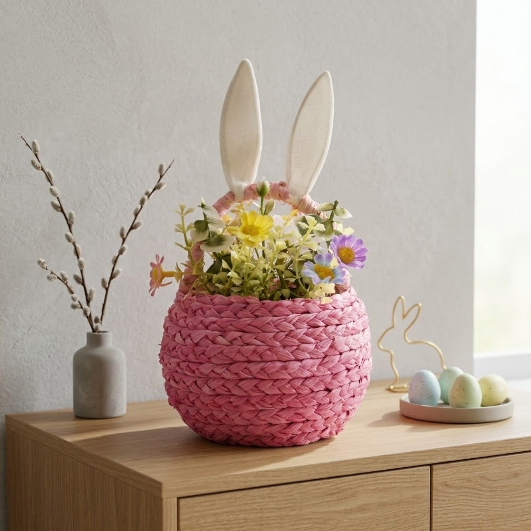 Peony Faux Flower Easter Bunny Basket