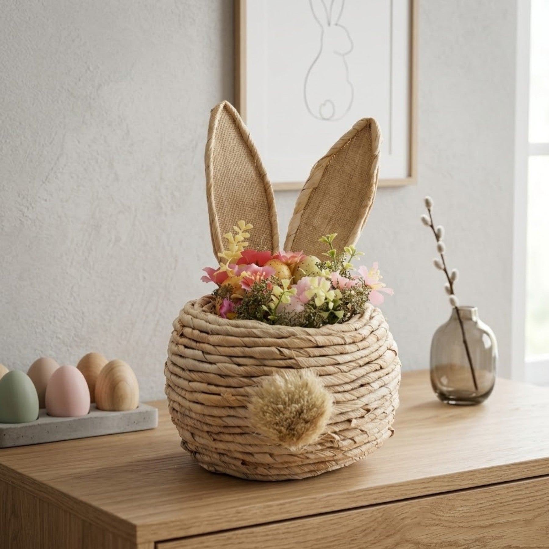Woven Faux Flowers Bunny Ears Basket
