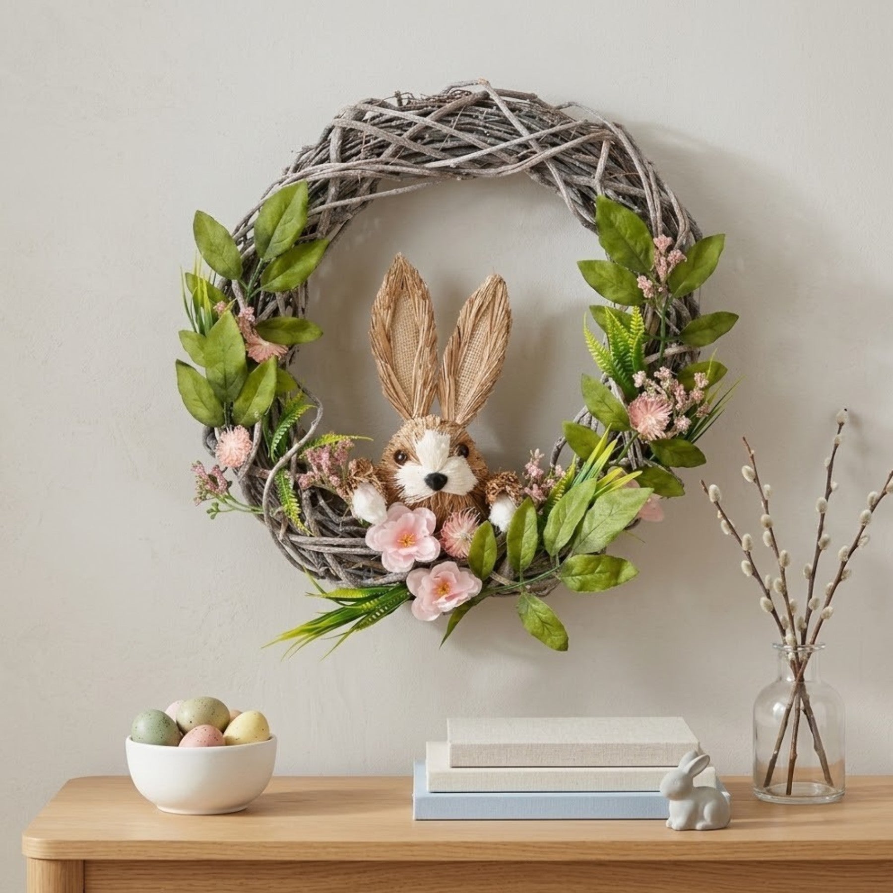 Springtime Straw Bunny Floral Wreath
