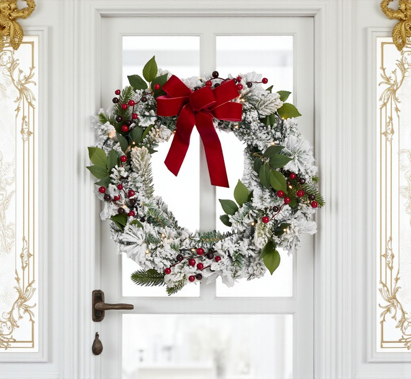 Large Pre-Lit Flocked Berry Wreath with Red Bow