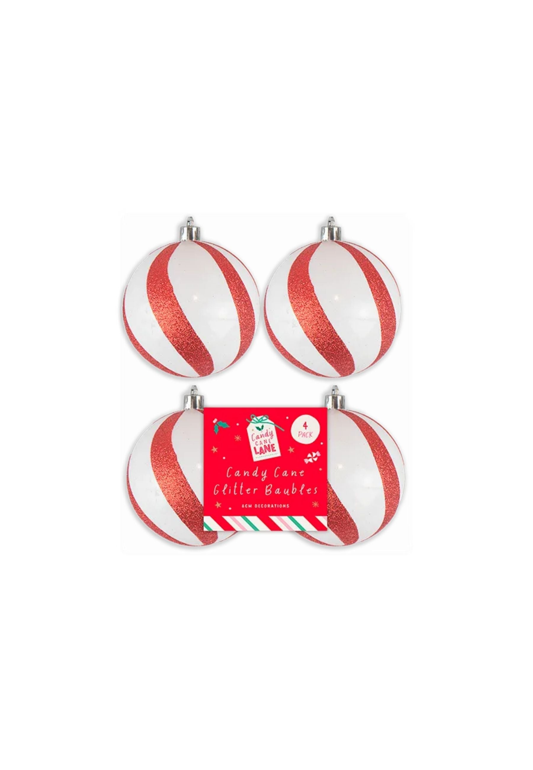 Set Of 4 Candy Cane Glitter Baubles