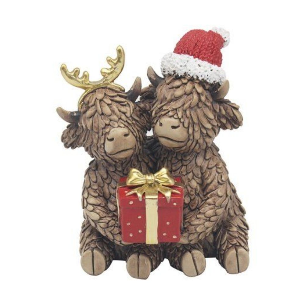 Christmas Highland Cow Couple With Gift