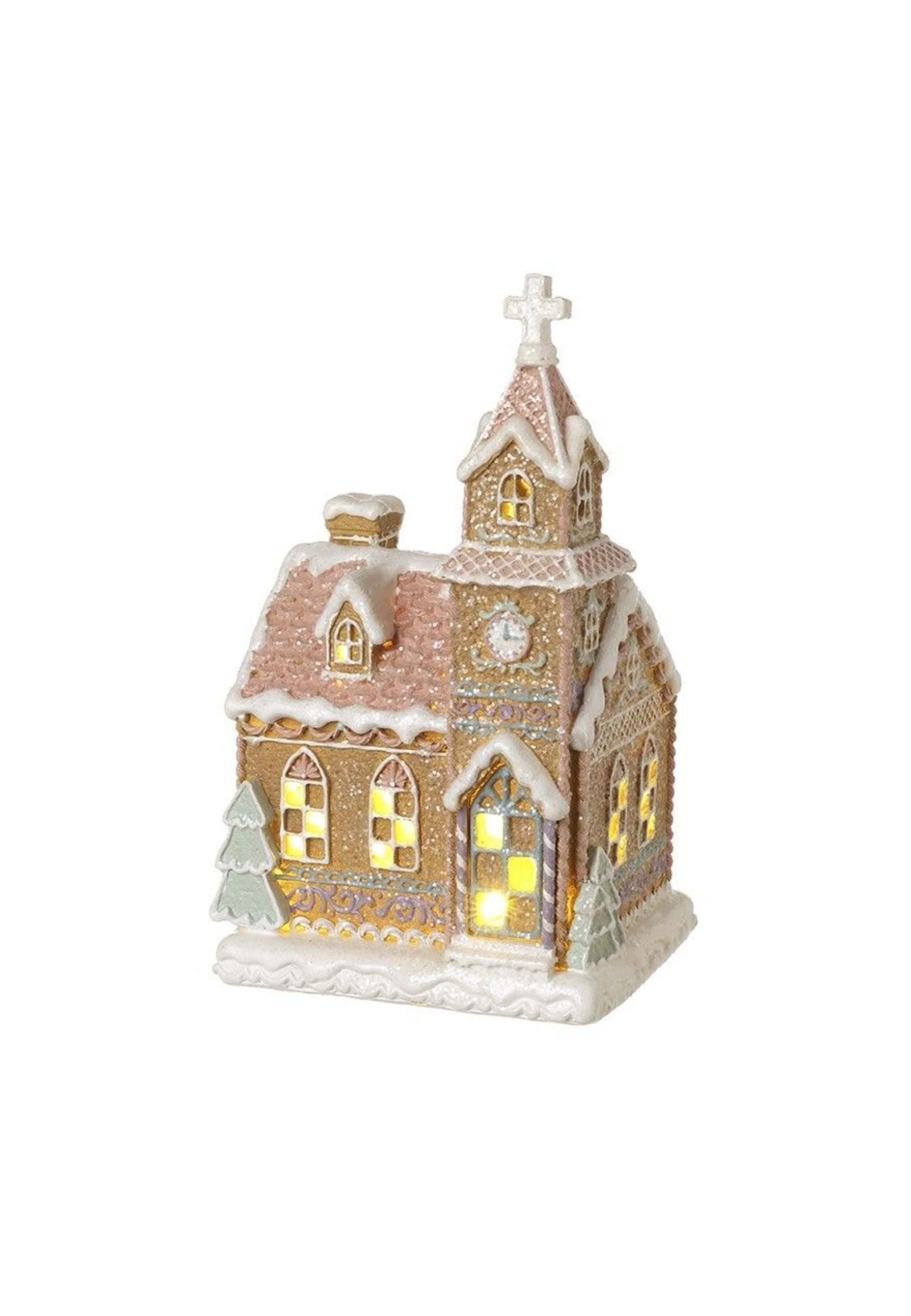 Snowy Gingerbread Light Up Church Ornament