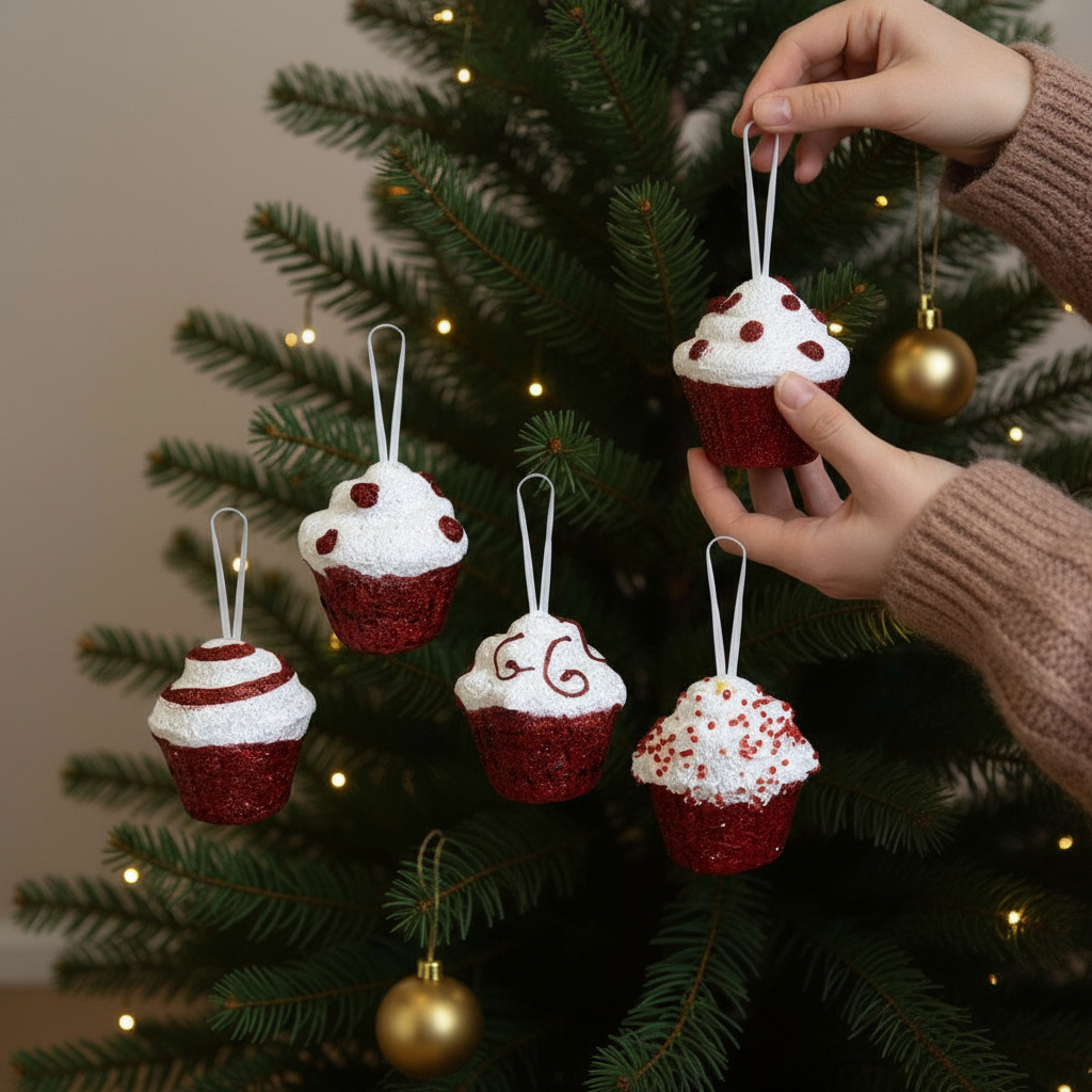 Set Of 4 Hanging Candy Cane Cupcakes