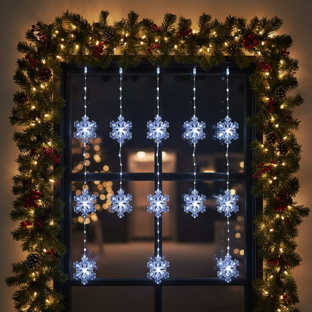 Hanging Cool White Snowflake Window Curtain Lights