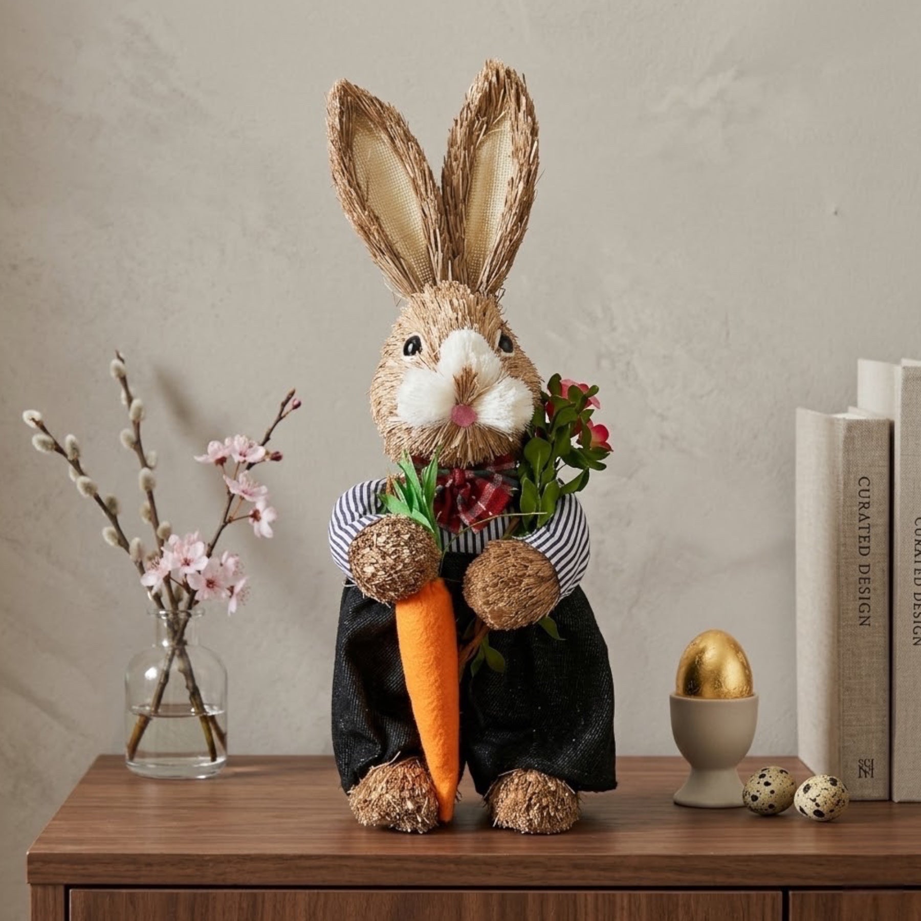 Springtime Mr Straw Bunny Holding Carrot